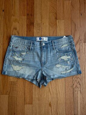 Y2K Hollister High-Rise Distressed Embellished Denim Shorts SZ 9 / W29
